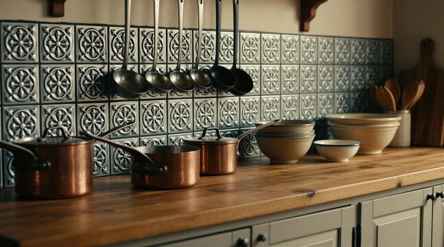 Rustic kitchen scene with copper pots on wooden counter. Antique tiles backsplash and vintage utensils create a warm, cozy country atmosphere for home decor.