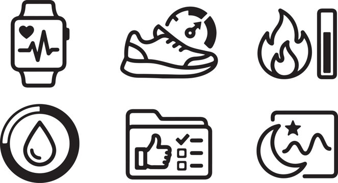Set of black line icons for fitness tracking health monitoring activity and sleep analysis