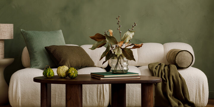 Cozy Living Room Interior Design with Earth Tones and Autumnal Decor, Perfect for Relaxed Home Ambiance