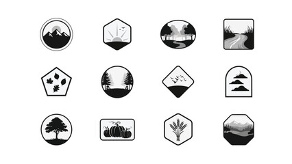 Minimalist nature themed icon set with seasonal and landscape elements with rendered striking black white contrast clean geometric borders curated collection twelve distinct © Shovon