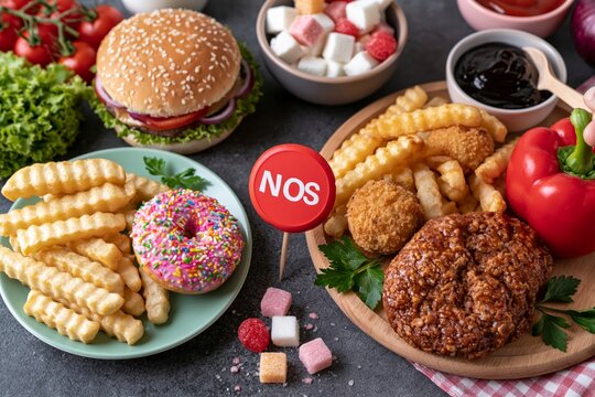 Healthy vs unhealthy food 3D render vector illustration. Concept of choice between good and bad nutrition. Fastfood, sweet and fat eating versus balanced product set. Colored vector illustration