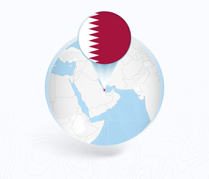 Qatar Map with Round Qatar Flag Pin Pointer on Circular Globe.