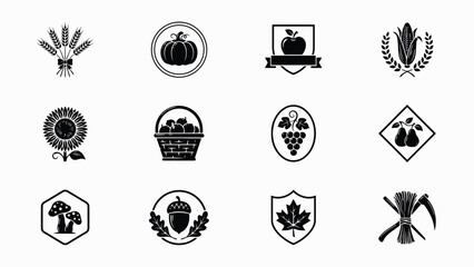 Elegant black and white agricultural and harvest symbols collection in minimalist vector design with showcases curated set twelve distinct © Shovon