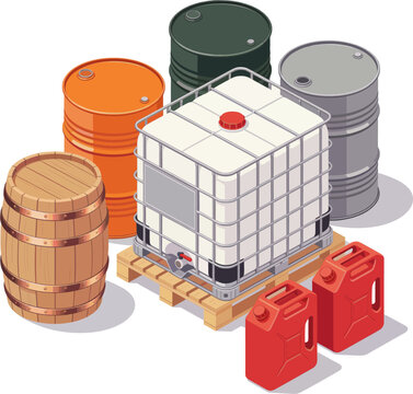 Isometric Industrial Liquid Storage Containers with IBC Tote, Oil Drums, Wooden Barrel and Red Jerrycans