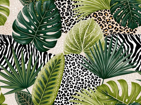 Abstract Mix Tropical Leaf, Leopard and Zebra Stripes Seamless Pattern. Vector Geometric Exotic Print
