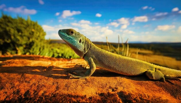 A bright green lizard with a turquoise head on a rocky surface in a sunny field with a blue sky