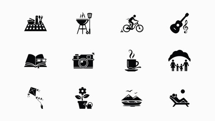 Twelve minimalist lifestyle icons featuring hobbies relaxation and family activities in flat black design with high contrast icons representing diverse lifestyle themes © Shovon