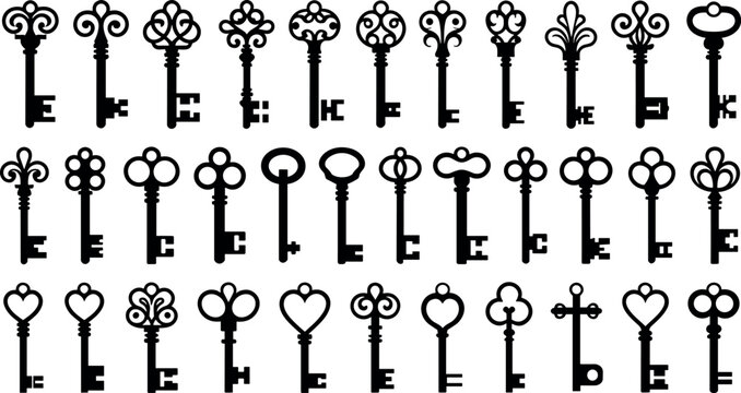 Vintage skeleton keys silhouette vector icons set isolated on white background antique old design elements for logos