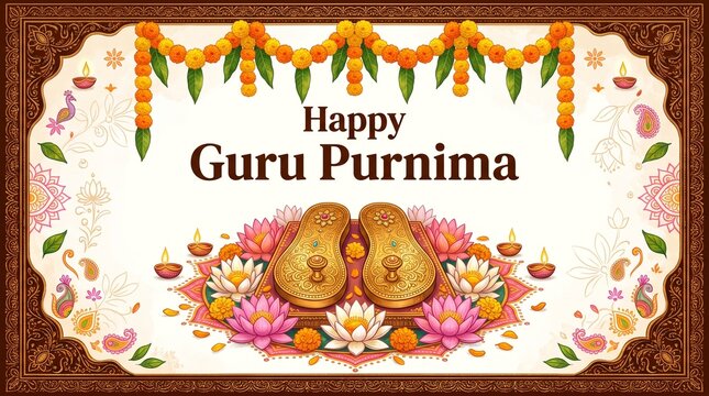 Happy guru purnima greeting with traditional paduka sandals and flowers