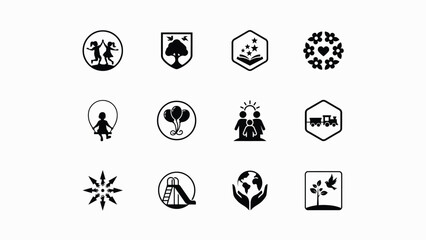 Twelve minimalist black and white icons featuring children nature education family with modern style bold outlines against neutral background © Shovon