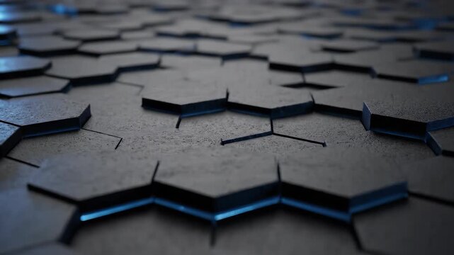 Futuristic hexagonal tile pattern with blue neon glow on concrete surface, abstract tech background. Perfect for sci-fi interfaces, digital network backgrounds, or modern industrial concepts