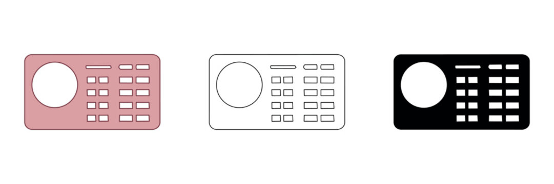 Set of three icons representing a radio or audio device in different styles
