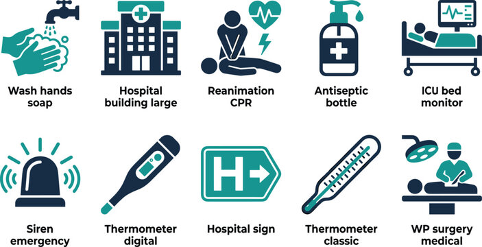Hygiene and medical icons wash hands soap building reanimation CPR antiseptic bottle.