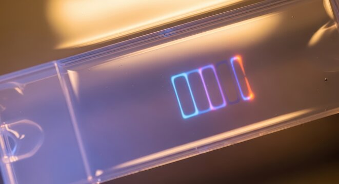 Agarose gel stained with fluorescent dyes, visualizing molecular separation in a laboratory setting