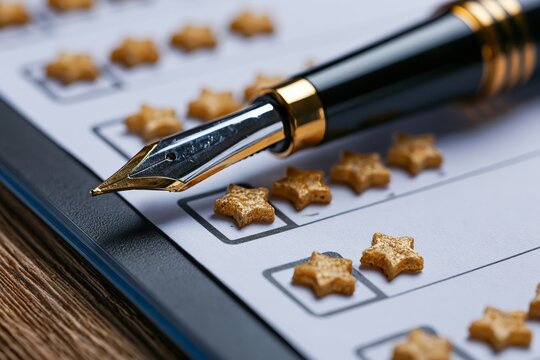 3d customer review. Clipboard rating feedback. Five stars for best excellent rating. 5 star quality customer rating feedback. Clipboard task todo check list, product review. 3d feedback render