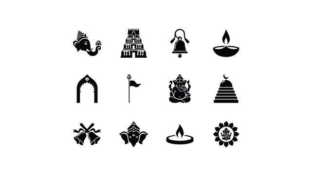 Elegant black and white icon set featuring sacred symbols temple architecture with showcases refined collection twelve minimalist black silhouettes against clean white background