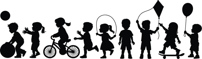 Silhouette collection of children playing with toys including a ball, bicycle, jump rope, kite, and skateboard on a white background © Sabbir