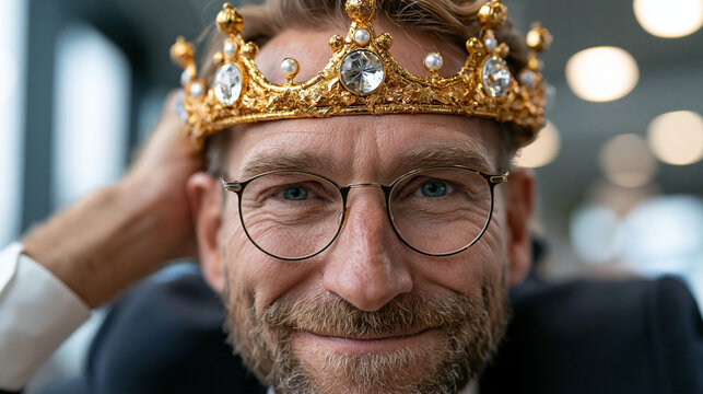 B&auml;rtiger Mann mit goldener Krone grinst breit im modernen Gro&szlig;raumb&uuml;ro