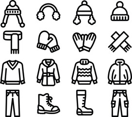 Winter clothing and accessories set featuring hats, scarves, mittens, sweaters, jackets, pants, and boots in a clean black line style © Sabbir