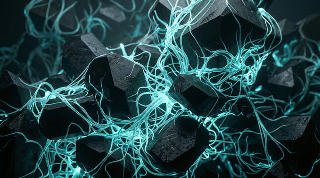 Abstract dark crystals entangled with glowing teal organic fibers, futuristic science concept
