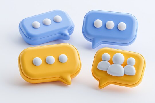 3D Chat bubble talk icons design, isolated on white background. Group chat icon. Vector illustration. Set of four 3D speech bubble icons. Communication Icon. The word communication, colorful dialog