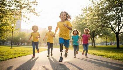 Fototapeta premium A joyful group of children running along a sunlit park path with one child using a prosthetic leg celebrating inclusion energy and the spirit of active childhood