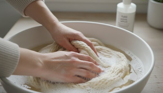 A pair of hands gently washing soft wool fabric in a bowl of soapy water capturing a quiet domestic cleaning moment focused on texture comfort and careful garment care