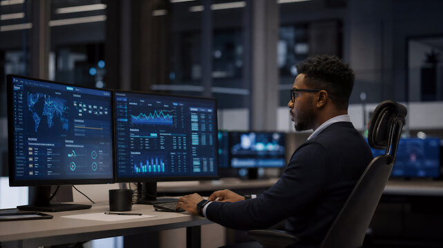 African American cybersecurity analyst observing data traffic in a secure operations center