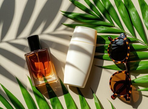 Flat lay of summer essentials including perfume sunscreen and sunglasses with palm leaves. Natural light creates shadows. Tropical beach vacation mood for beauty and fashion.