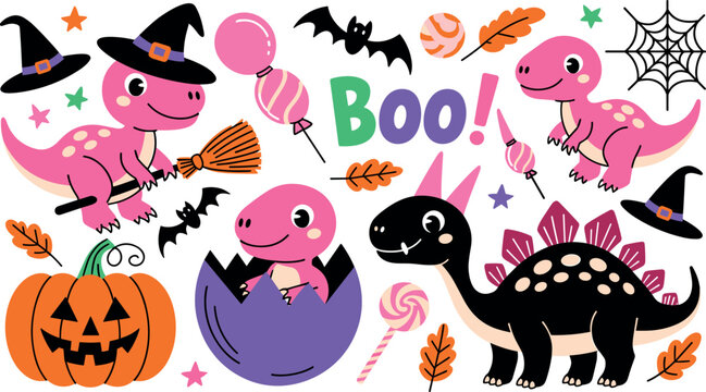 Cute Halloween dinosaurs cartoon elements collection with pink and black prehistoric animals witch hat broom candy pumpkin boo lettering vector illustration