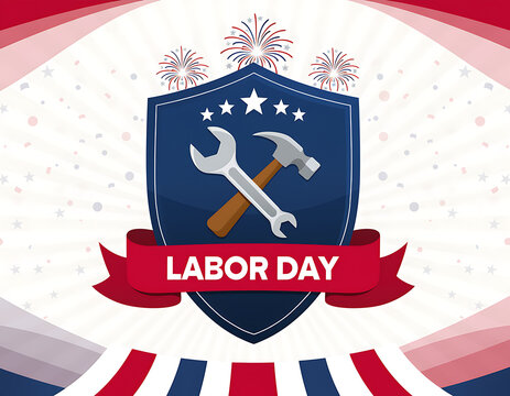 Happy Labor Day Banner with Shield, Wrench and Hammer Badge, Fireworks and Patriotic Ribbon Vector Illustration