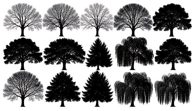 Set of isolated forest tree stencils and black graphic shapes