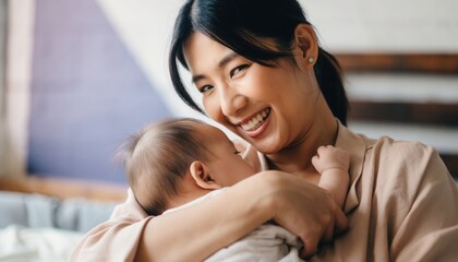 Fototapeta premium Smiling woman with dark hair holding sleeping infant close to her chest in bright room with soft colors and gentle lighting focus