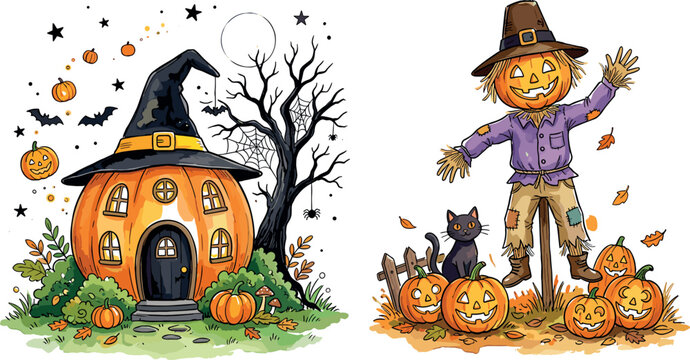 Halloween holiday set with orange pumpkin witch house and cute scarecrow character with black cat in graveyard festive autumn vector illustration