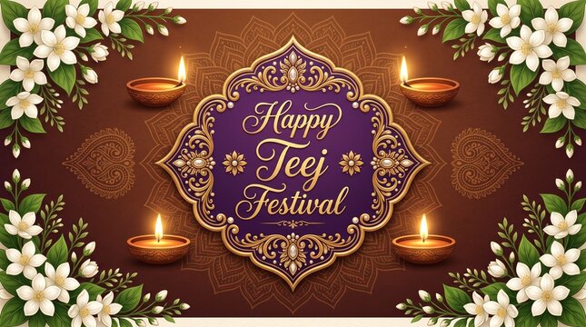 Happy Teej festival greeting card with floral border and glowing oil lamps