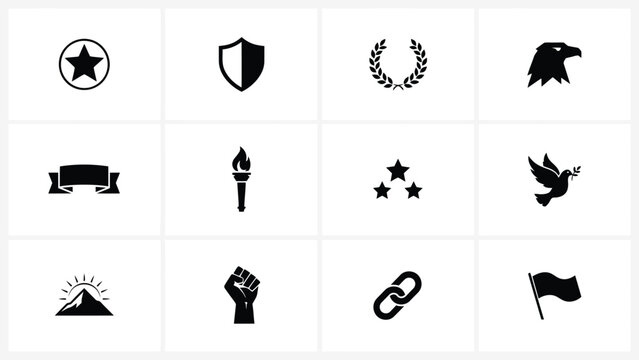 Twelve minimalist black symbol icons set featuring stars shields flame torches birds and flags on white background with abstract motifs chains fists