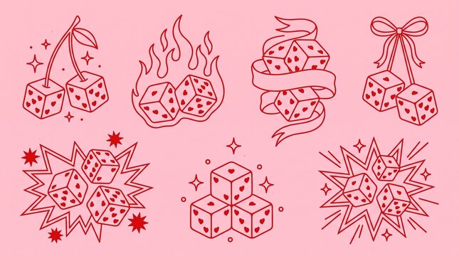 Lucky dice. Retro dice roll. Hand drawn vintage nostalgic red cherry with ribbon, bow, fire dices with explosion, splashes, and stars. Lucky elements for poster. Vector set