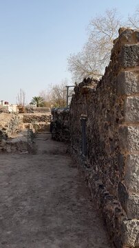 Ancient stone walls and date palms at the historic othman well.