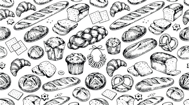Seamless pattern of assorted hand drawn bakery items with croissant seamless breakfast baguette culinary illustration background monochrome delicious wallpaper wrapping homemade