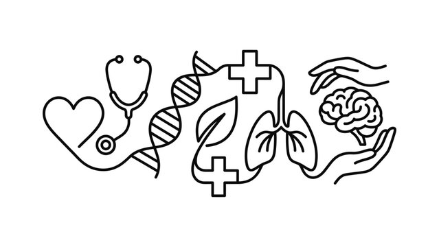 Medical Science Health Care Icons Heart DNA Lungs Brain Stethoscope Hands