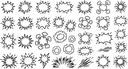 Set of comic book speech bubbles and explosion shapes for graphic design and action effects © Mostafizur