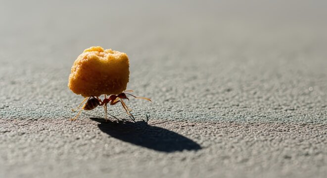 Busy ant carrying a food crumb on textured ground in sunlight