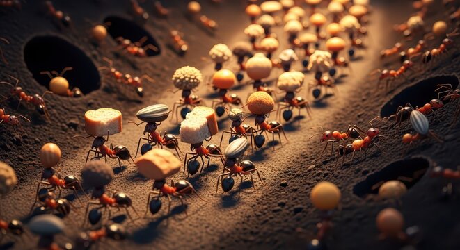 Busy Ant Colony Marching in Formation Carrying Food