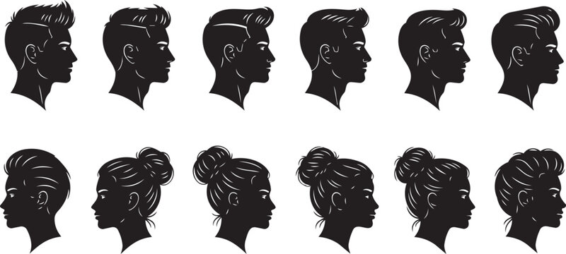 Diverse male and female silhouettes in profile against a white background showing varied hairstyles