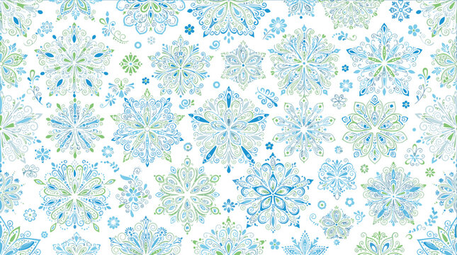 Seamless pattern of intricate detailed winter snowflakes in blue shades with snowflake seamless christmas background seasonal wallpaper backdrop decoration ornament illustration