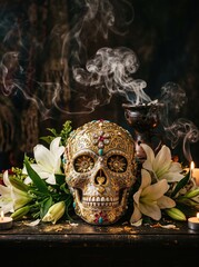 An ornately jeweled golden skull rests among white lilies with swirling incense smoke and candlelight, creating a mystical decorative display. © AnnaPa