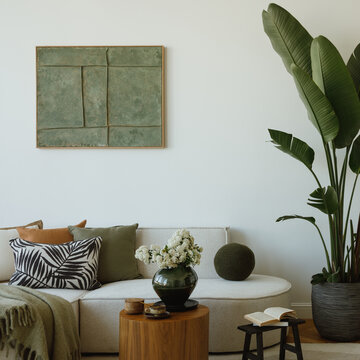 Minimalist Living Room with Sofa, Artwork, and Lush Green Plant for a Calm and Modern Interior Design