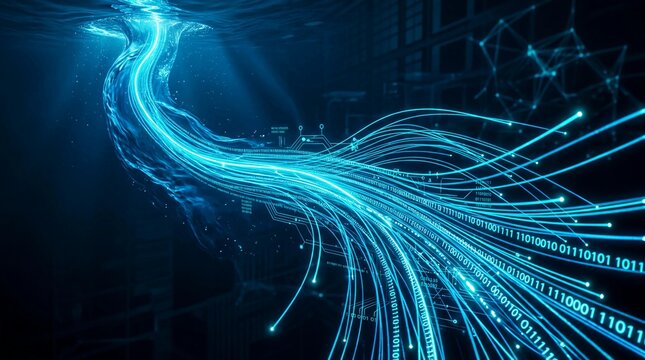 Fiber optic cables with glowing blue data streams, high speed digital information transfer, futuristic network technology and binary code background