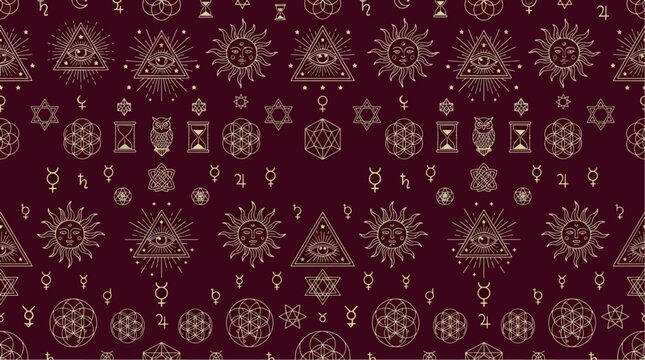 Seamless background pattern featuring ancient alchemical symbols and esoteric icons alchemical esoteric mystical seamless background geometric mysterious spiritual astrology