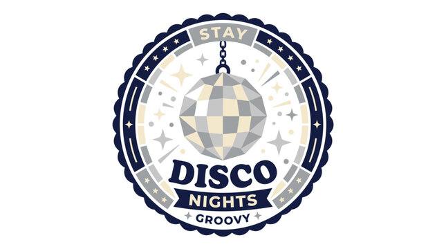 Disco Nights vintage style emblem featuring a hanging mirror ball.